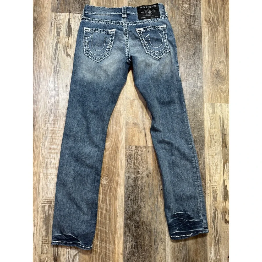 True Religion Jeans Ricky Mens 28x32 Medium Wash Relaxed Straight White T Stitch